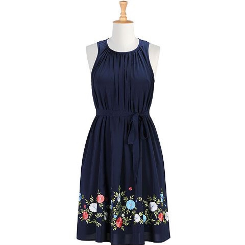 EShakti navy blue floral embellished hem crepe shift dress with waist tie
